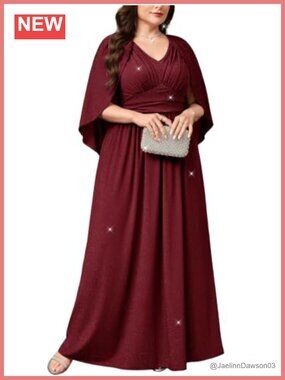 Plus Size Formal Evening Maxi Dress Cape Sleeve V Neck A-Line